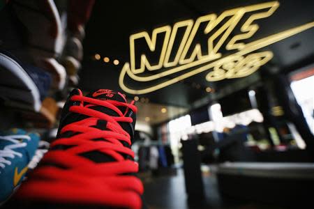 Shoes are displayed in the Nike store in Santa Monica, California, in this file photo from September 25, 2013. REUTERS/Lucy Nicholson/Files