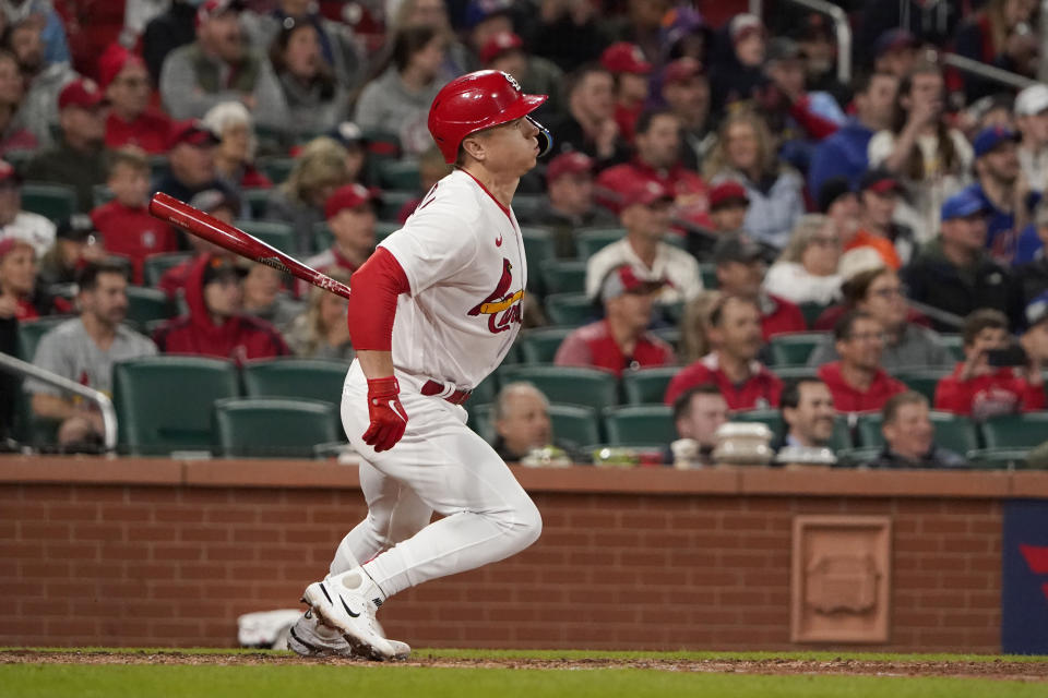 St. Louis Cardinals' Tyler O'Neill watches his two-run single during the eighth inning of a baseball game against the New York Mets Monday, April 25, 2022, in St. Louis. (AP Photo/Jeff Roberson)
