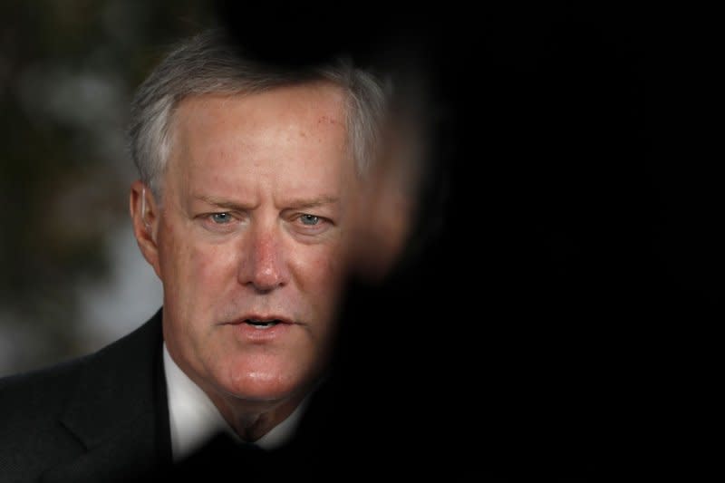 The name of former White House Chief of Staff Mark Meadows is redacted in an indictment announced Wednesday charging 18 people with a scheme to overturn the 2020 election in the state of Arizona. Meadows is identified as it states a defendant was the former White House chief of staff in 2020. File Photo by Yuri Gripas/UPI