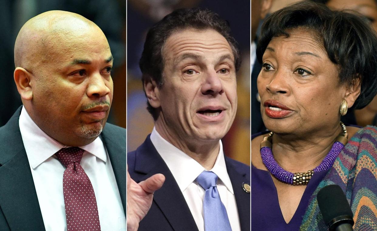 Assembly Speaker Carl Heastie, D-Bronx (left) New York Gov. Cuomo (center) and Senate Majority Leader Andrea Stewart-Cousins, D-Yonkers (right)