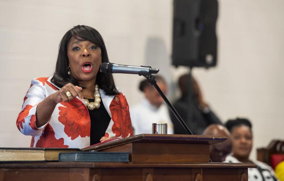 U.S. Rep. Terri Sewell speaks during the Brown Chapel AME Church service at Edmundite Missions in Selma, Alabama, on Sunday, March 5, 2023. The Brown Chapel AME Church is currently undergoing repairs.