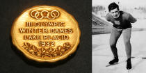 <p>The Lake Placid 1932 Olympic gold medal. It was given to American speed skater Jack Shea for winning the 1,500m event in Men’s Speed Skating.<br>(AP Photo/Tina Fineberg; Jack Shea, American speed skater and Olympic gold medalist in Lake Placid, United States, 1932/photo by Getty Images) </p>