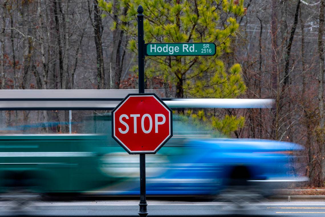 Traffic passes an entrance to the Princeton Manor neighborhood in Knightdale, N.C. Flock Safety cameras are installed at both entrances to the neighborhood off of Hodge Road. Robert Willett/rwillett@newsobserver.com