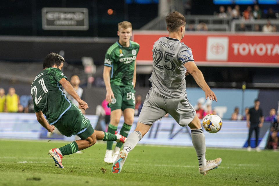 New York City FC midfielder Andres Jasson shoots for a goal against CF Montreal during the first half of an MLS soccer match at Yankee Stadium, Wednesday, Aug. 30, 2023, in New York. (AP Photo/Eduardo Munoz Alvarez)