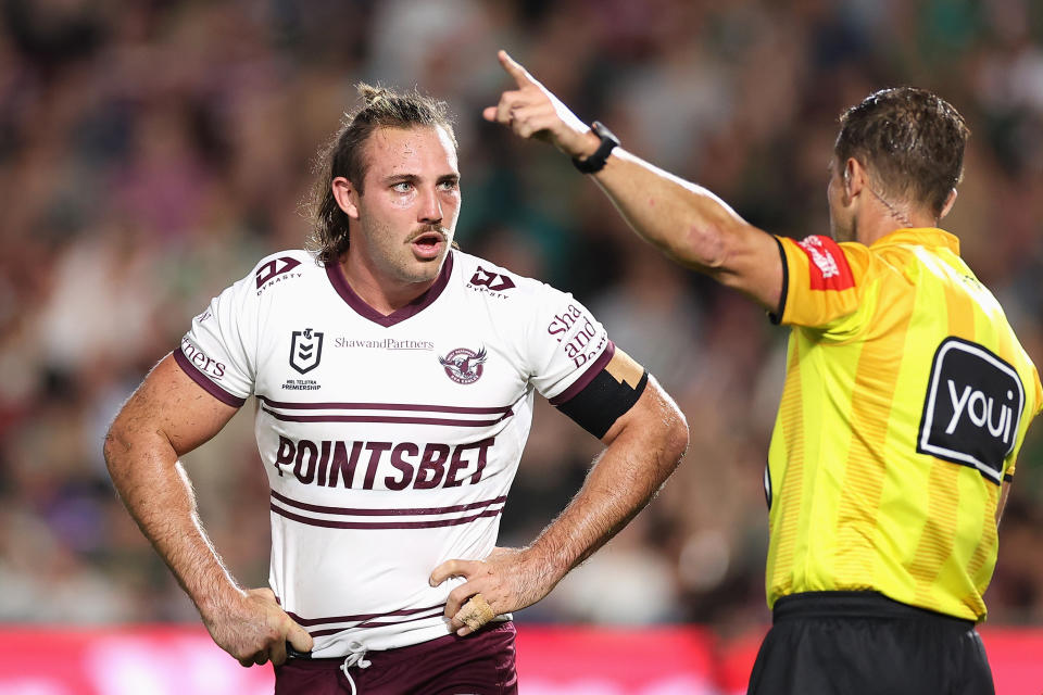 GOSFORD, AUSTRALIA - APRIL 29: Karl Lawton of the Sea Eagles is sent off after a dangerous tackle during the round eight NRL match between the South Sydney Rabbitohs and the Manly Sea Eagles at Central Coast Stadium, on April 29, 2022, in Gosford, Australia. (Photo by Cameron Spencer/Getty Images)