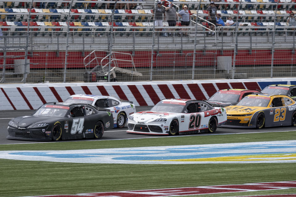 Ty Gibbs leads a restart during the Alsco Uniforms 300 NASCAR Xfinity Series auto race at Charlotte Motor Speedway on Saturday, May 29, 2021 in Charlotte, NC. (AP Photo/Ben Gray)