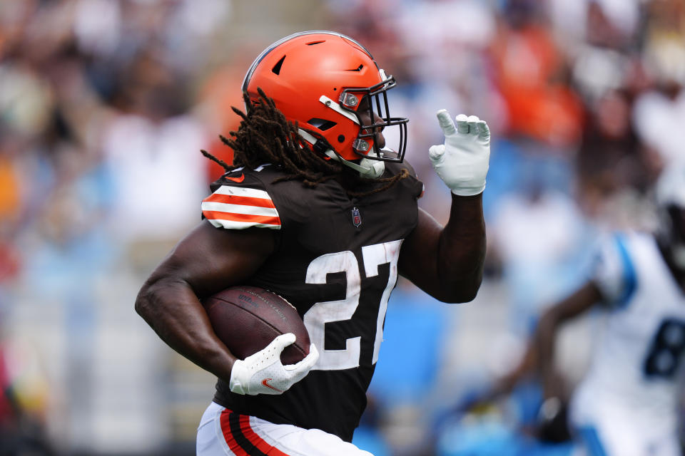 Cleveland Browns running back Kareem Hunt runs for a touchdown against the Carolina Panthers during the first half of an NFL football game on Sunday, Sept. 11, 2022, in Charlotte, N.C. (AP Photo/Jacob Kupferman)