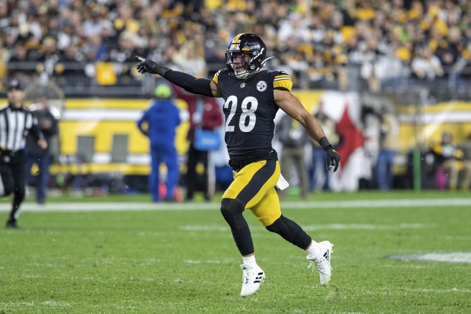 Pittsburgh Steelers safety Miles Killebrew (28) covers a kick during an NFL football game, Sunday, Oct. 17, 2021 in Pittsburgh. (AP Photo/Matt Durisko)