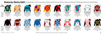 Graphic shows horses in the Kentucky Derby with post positions and silks; with related stories; 6c x 3 7/8 inches