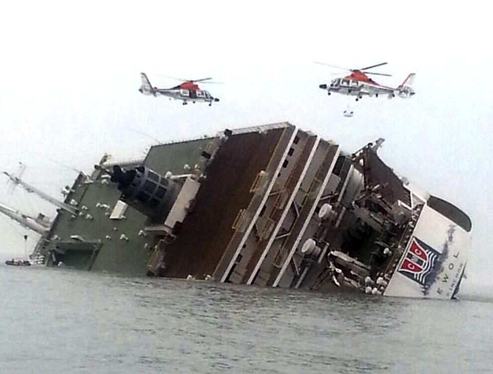 FILE - In this April 16, 2014, file photo, South Korean rescue helicopters fly over South Korean ferry Sewol, trying to rescue passengers from the ship in waters off Jindo, South Korea. The deadly sinking of a boat in Hungary carrying South Korean tourists on Thursday, May 30, 2019, is touching a nerve in South Korea, where many are still traumatized over a 2014 ferry sinking that killed more than 300 people, mostly school kids. That grief is compounded by some South Korean tour agents and travelers' claims that there have long been worries over safety at the site where the collision happened. (Yonhap via AP, File)