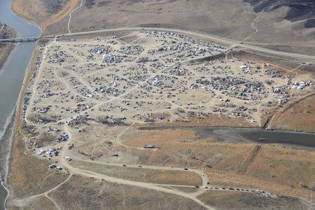 Dakota Access Pipeline protesters are seen at the Oceti Sakowin campground near the town of Cannon Ball, North Dakota, U.S. November 19, 2016 in an aerial photo provided by the Morton County Sheriff's Department. Morton County Sheriff's Department/Handout via REUTERS