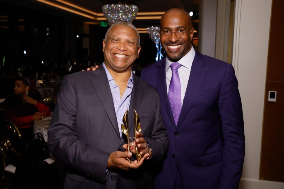 Reginald Hudlin and Van Jones at the Eighth Annual Icon Mann Honors held at the Waldorf Astoria on March 8, 2023 in Beverly Hills, California.