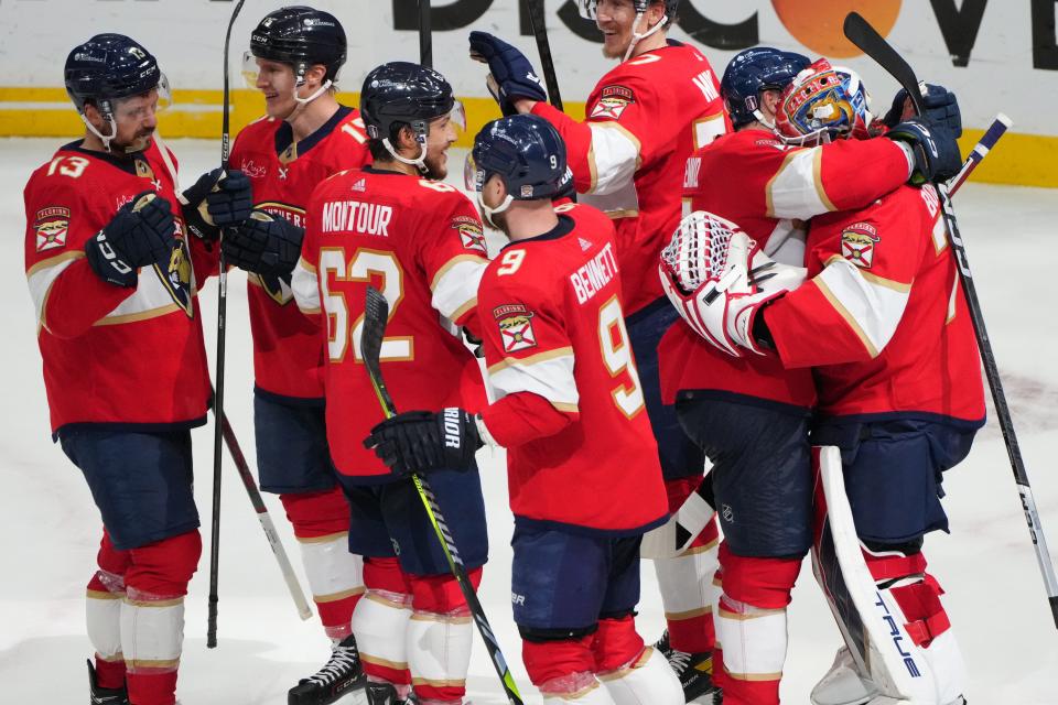 Jun 1, 2024; Sunrise, Florida, USA; Florida Panthers right wing Vladimir Tarasenko (10) hugs goaltender Sergei Bobrovsky (72) following a close-out victory against the New York Rangers in game six of the Eastern Conference Final of the 2024 Stanley Cup Playoffs at Amerant Bank Arena. Mandatory Credit: Jim Rassol-USA TODAY Sports