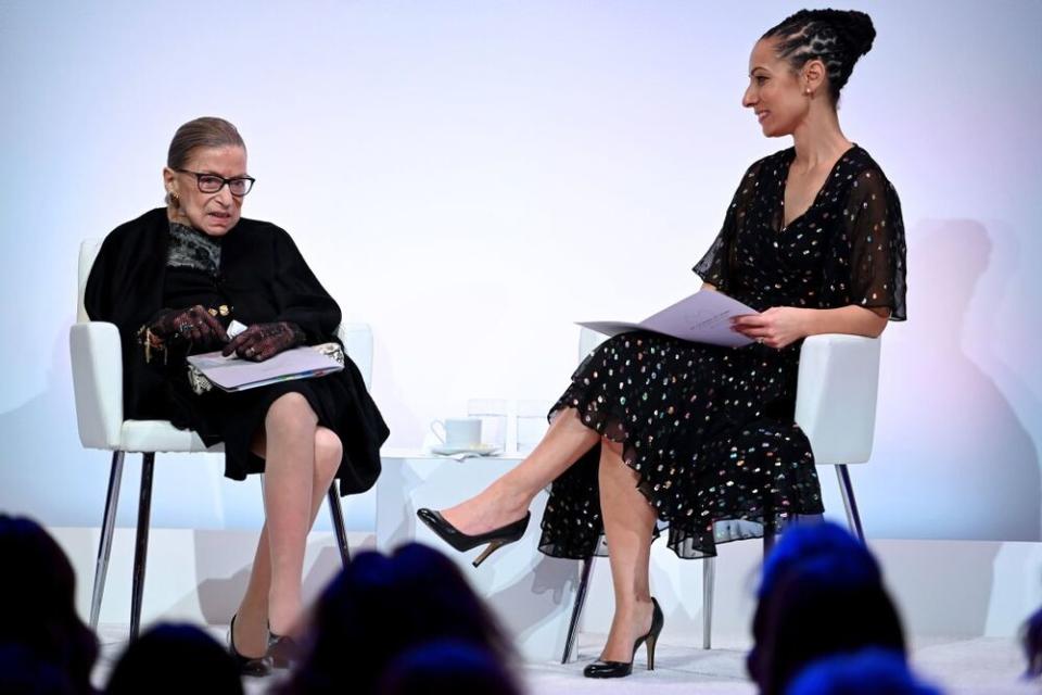 Supreme Court Justice Ruth Bader Ginsburg (left) and Ria Tabacco Mar speak at the 2020 DVF Awards at the Library of Congress on Feb. 19 in Washington, D.C. | Shannon Finney/Getty Images