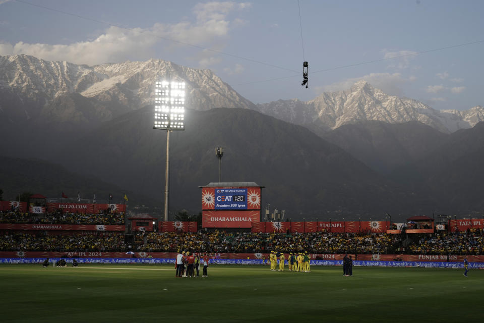 Chennai Super Kings' players chat during the strategic timeout of the Indian Premier League cricket match between Chennai Super Kings and Punjab Kings in Dharamshala, India, Sunday, May 5, 2024. (AP Photo /Ashwini Bhatia)