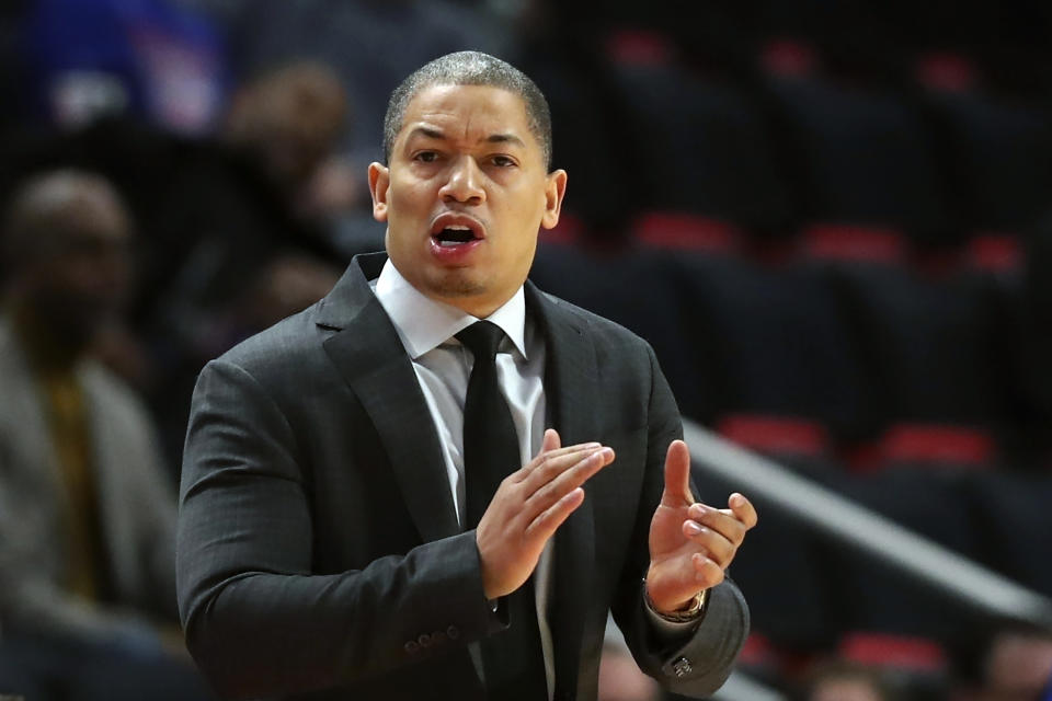 FILE - In this Thursday, Oct. 25, 2018, file photo, Cleveland Cavaliers head coach Tyronn Lue gestures during the first half of an NBA basketball game against the Detroit Pistons, in Detroit. Tyronn Lue has agreed in principle to become the next coach of the Los Angeles Clippers. Final terms were still being worked on, according to the person who spoke to The Associated Press on condition of anonymity Thursday, Oct. 15, 2020, because no contract had been signed. (AP Photo/Carlos Osorio, File)