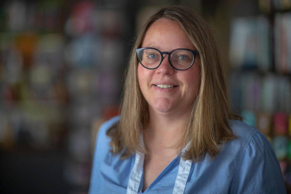 Read Spotted Newt owner Mandy Sheffel poses for a portrait in her bookstore in Hazard, Ky., on Thursday, April 28, 2022.