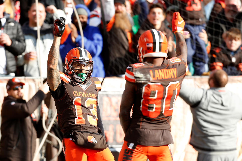 Odell Beckham Jr. of the Cleveland Browns celebrates with Jarvis Landry after scoring a touchdown. (Photo by Kirk Irwin/Getty Images)