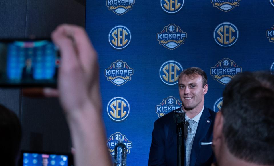 Georgia's Brock Bowers participates in SEC media days Tuesday in Nashville, Tenn. The All-American tight end praised former Georgia receiver Adonai Mitchell, who transferred to Texas in the offseason.