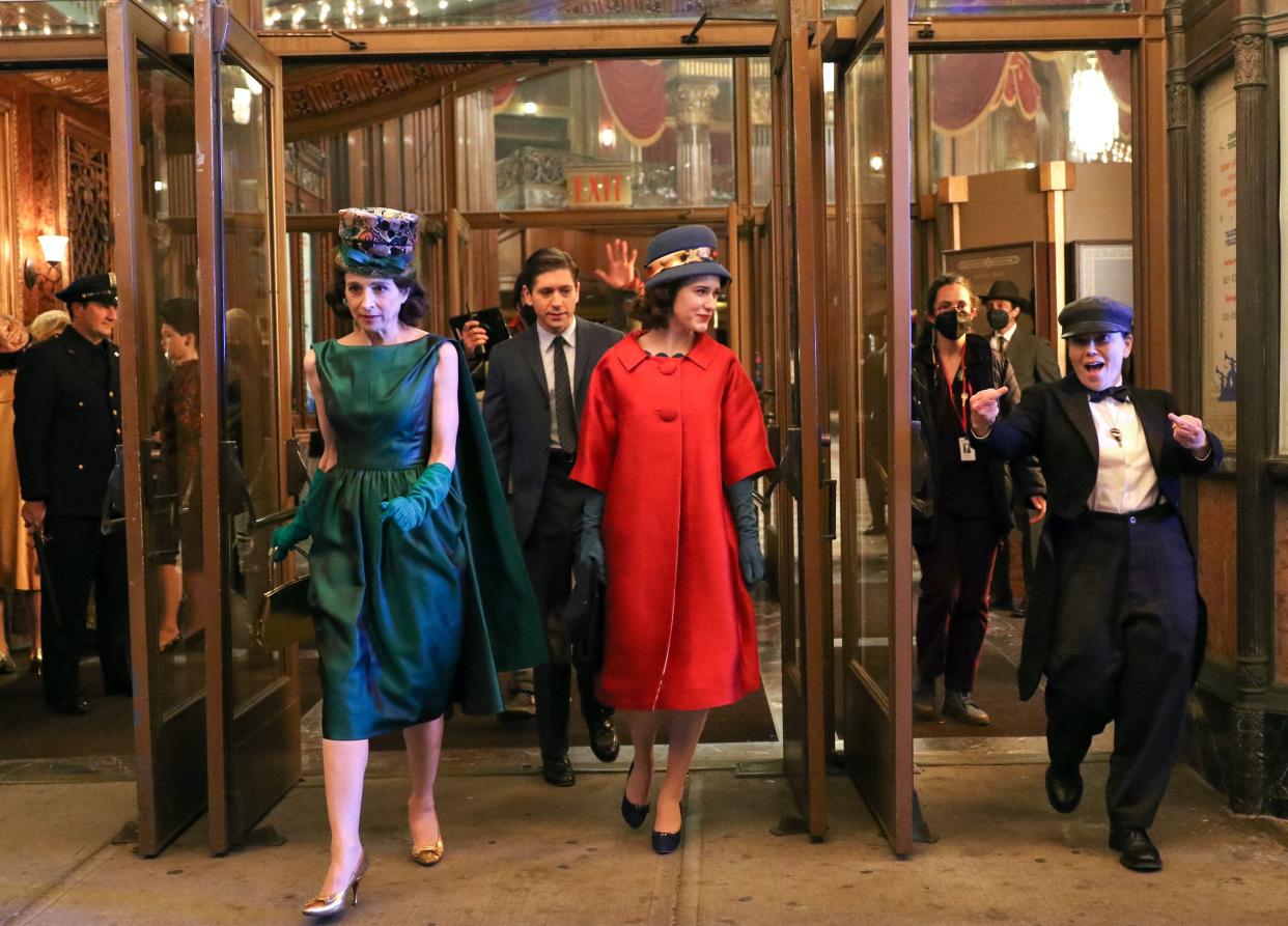 (L-R) Marin Hinkle, Michael Zegen, Rachel Brosnahan and Alex Borstein are seen at the film set of "The Marvelous Mrs. Maisel" TV series on April 26, 2021, in New York City.