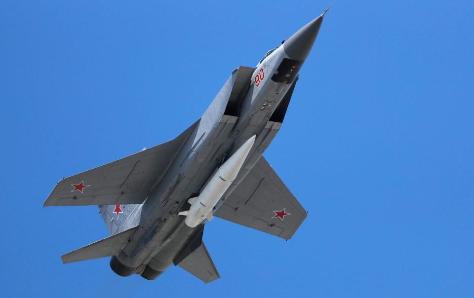 A Russian Air Force MiG-31K jet carrying a Kinzhal missile during the Victory Day military parade in Moscow in 2018 - AP