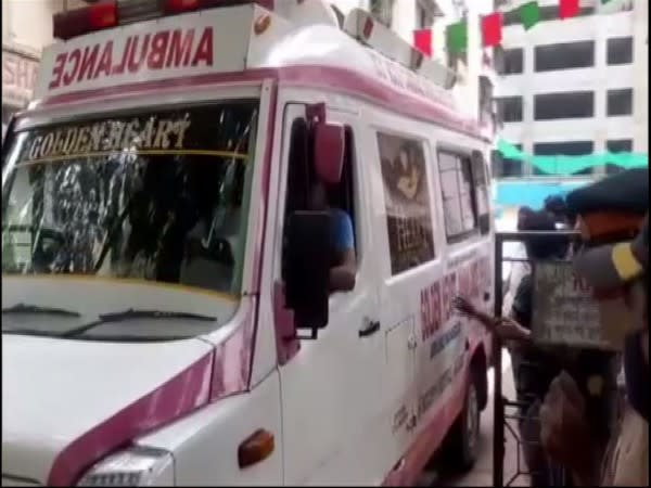 Ambulance at the residence of Shiv Sena leader Anandrao Adsul in Mumbai on Monday. (Photo/ANI)