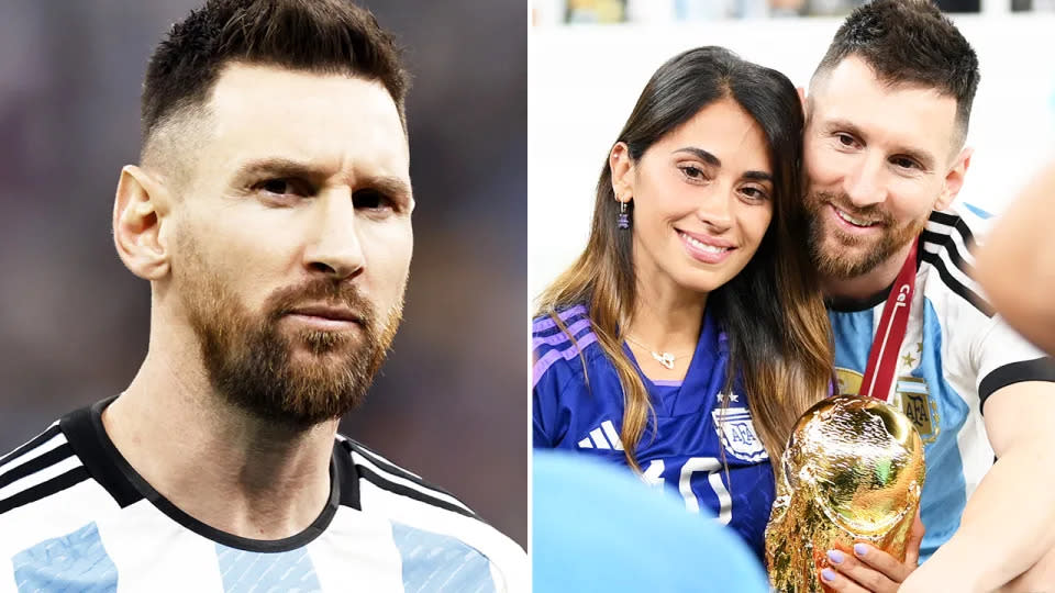 Lionel Messi with the World Cup trophy and wife Antonela Roccuzzo. Image: Getty
