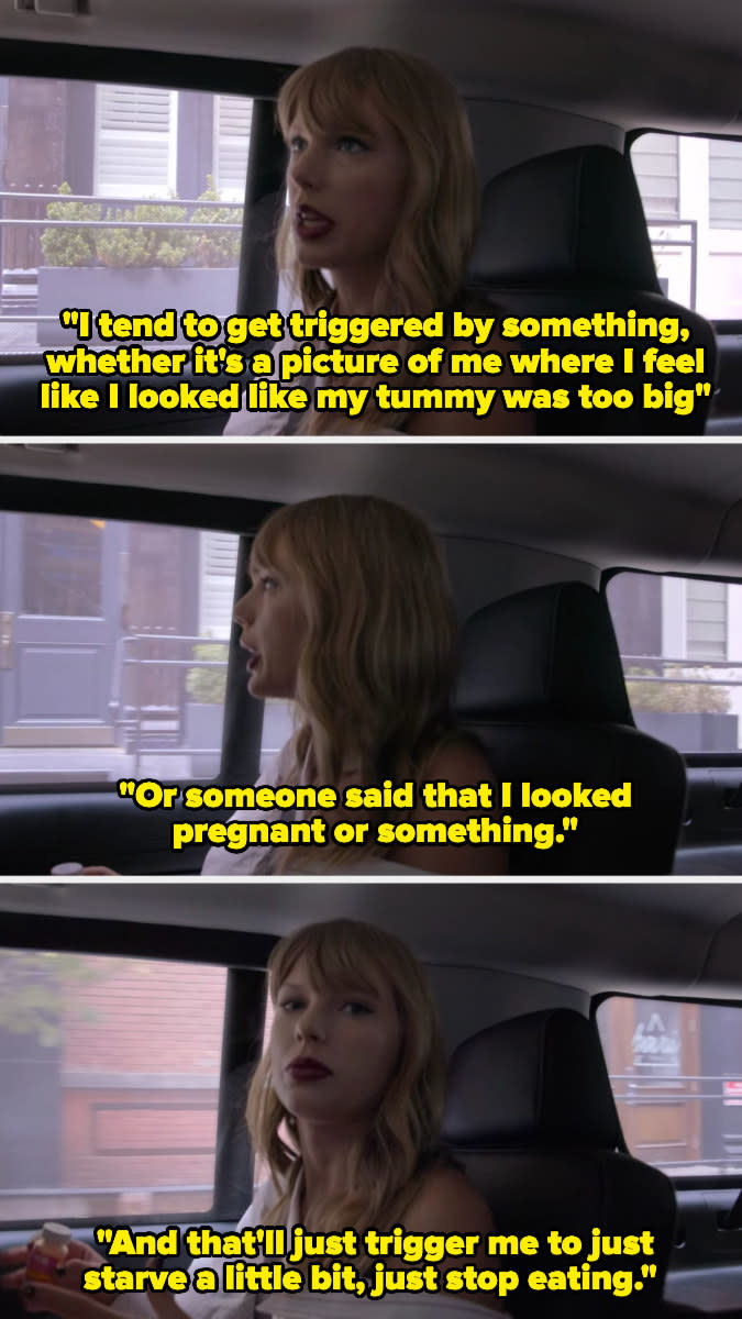 Taylor Swift saying that her disordered eating is triggered by pictures where her stomach looks a little big or comments that she looks pregnant