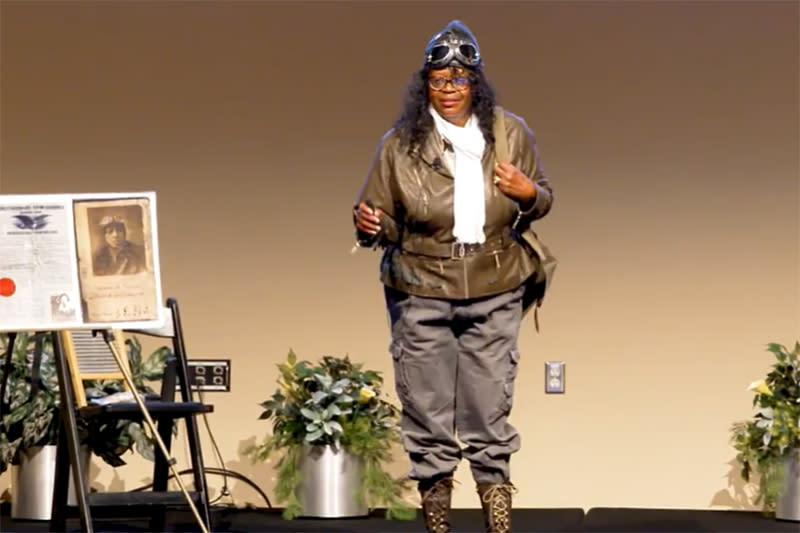 Gigi Coleman presents her program on Bessie Coleman at the EAA Aviation Museum in June 2021. (Courtesy EAA Museum)