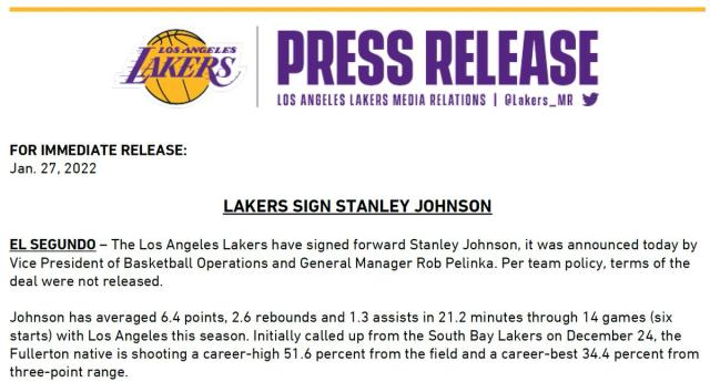 Lakers sign Stanley Johnson after three 10-day contracts