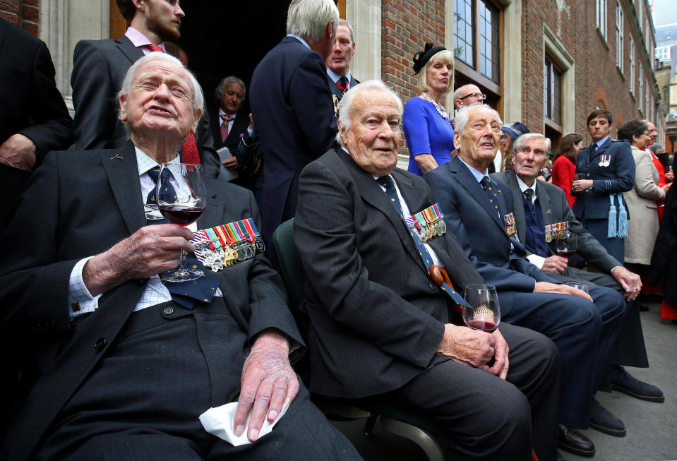 Geoffrey Wellum (second left) watches a flypast following a service marking the 77th anniversary of the Battle of Britain at Westminster Abbey (PA Images)