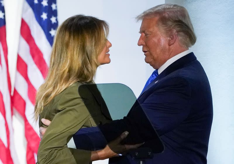 U.S. first lady Melania Trump is greeted by U.S. President Donald Trump after delivering a live address to the 2020 Republican National Convention from the White House in Washington