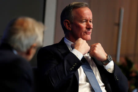 Retired U.S. Navy Admiral William McRaven (R), the former head of U.S. special operations who oversaw the raid on Osama bin Laden, speaks with Reuters Editor at Large Sir Harold Evans at a Reuters Newsmakers event in New York City, New York, U.S., May 22, 2019. REUTERS/Mike Segar
