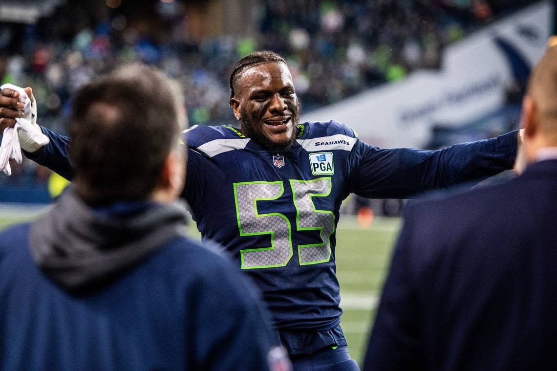 Seahawks defensive lineman Frank Clark celebrates near the end fo the game. The Seattle Seahawks played the Kansas City Chiefs in a NFL football game at CenturyLink Field in Seattle, Wash., on Sunday, Dec. 23, 2018.