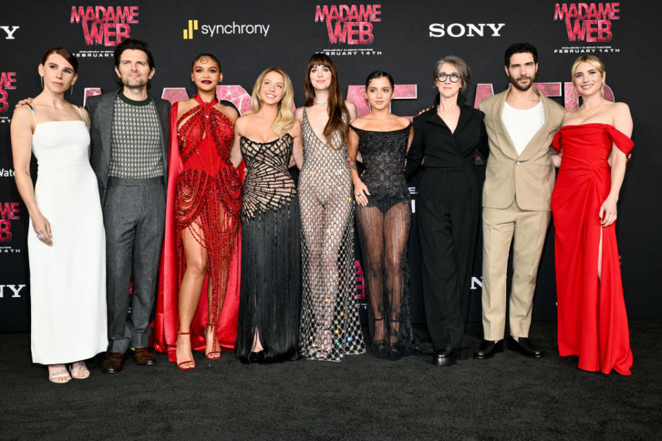 Emma Roberts, cristal Scott, Sydney Sweeney, Siouan Johnson, Celeste O'Connor, Isabela Merced, Jennifer Beals, Tahar Rahim, and Zosia playwright on the flushed furnishings for "Madame Web."