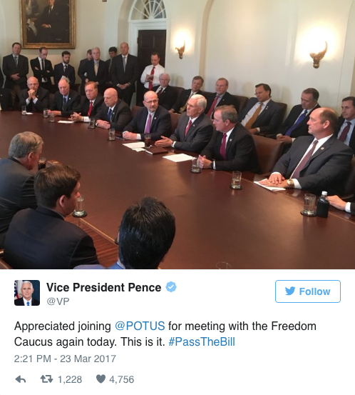 Donald Trump and VP Mike Pence met with a group of ultra-conservative congressmen, collectively known as the Freedom Caucus, to discuss the House GOP's health care bill and its maternity care policy.