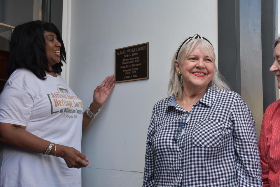 Pictured, from left, African American Heritage Society of Williamson County President Alma McLemore and longtime Franklin preservationist and leader Mary Pearce on Main Street for the unveiling of a marker for A.N.C. Williams in downtown Franklin on Monday, which was Juneteenth. 
Williams was the city's first Black business owner and he operated his store for more than 60 years. 
The marker was made possible by the African American Heritage Society of Williamson County.