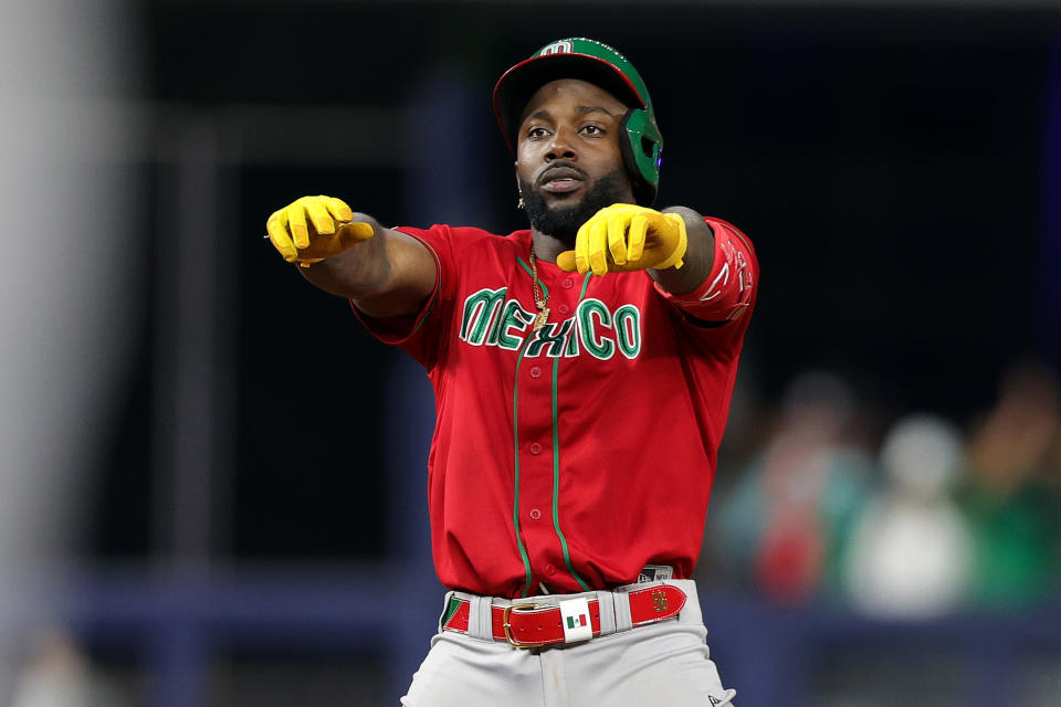 MIAMI, FLORIDA - MARCH 20: Randy Arozarena #56 of Team Mexico reacts after hitting a double in the eighth inning against Team Japan during the World Baseball Classic Semifinals at loanDepot park on March 20, 2023 in Miami, Florida. (Photo by Megan Briggs/Getty Images)