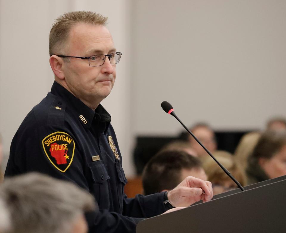 Sheboygan Police Chief Christopher Domagalski stands at the podium at Sheboygan City Hall, Monday, January 9, 2022, in Sheboygan, Wis.