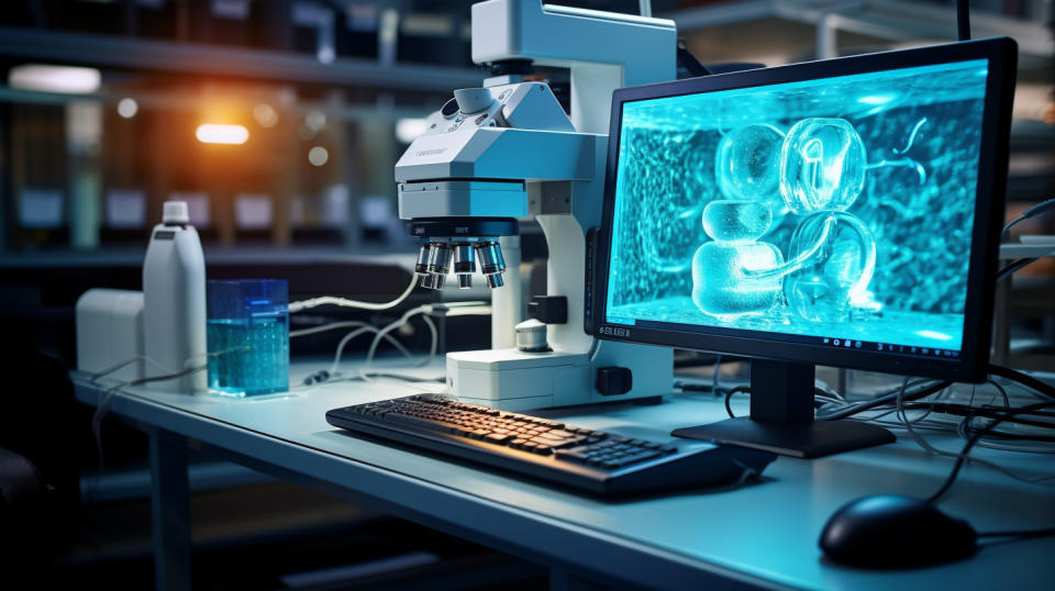 A close-up view of the bench-top fluidics system with a companion microscope and image acquisition in a research laboratory.