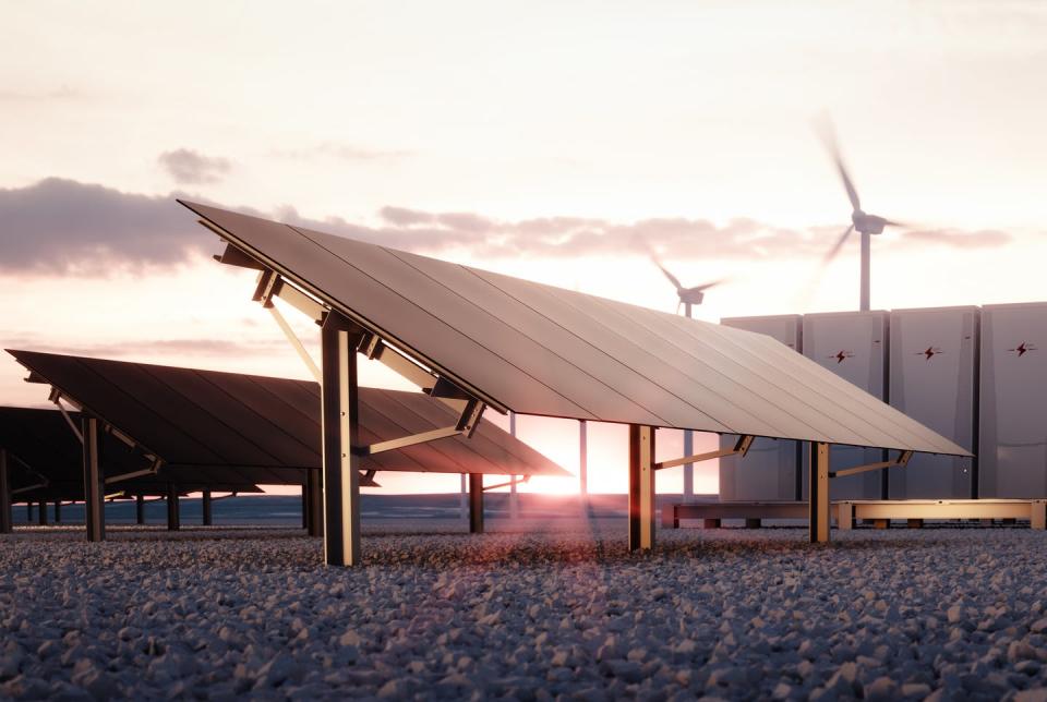 <span class="caption">By pairing solar power and battery storage, hybrids can keep providing electricity after dark.</span> <span class="attribution"><a class="link " href="https://www.gettyimages.com/detail/photo/dawn-of-new-renewable-energy-technologies-modern-royalty-free-image/1128888172" rel="nofollow noopener" target="_blank" data-ylk="slk:Petmal via Getty Images;elm:context_link;itc:0;sec:content-canvas">Petmal via Getty Images</a></span>