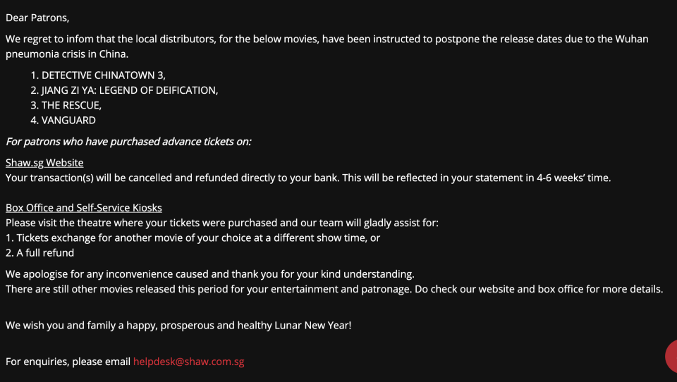 A notice on Shaw Theatres' website. (Screencap)