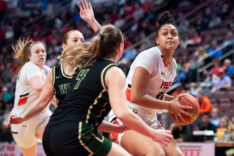 Cathedral Prep's Jayden McBride looks to get to the basket during the PIAA Class 5A Girls Basketball Championship against Archbishop Wood at the Giant Center on March 23 in Hershey.