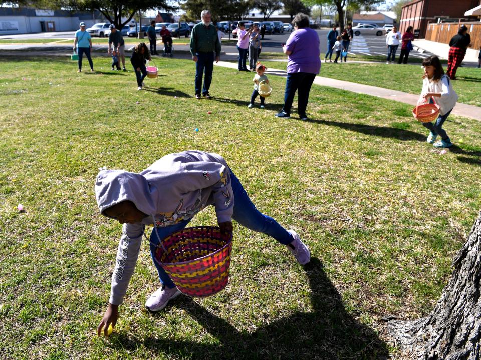 Children pick up eggs during an Easter egg hunt at First Methodist Church last weekend. More hunts are planned Saturday in Abilene.