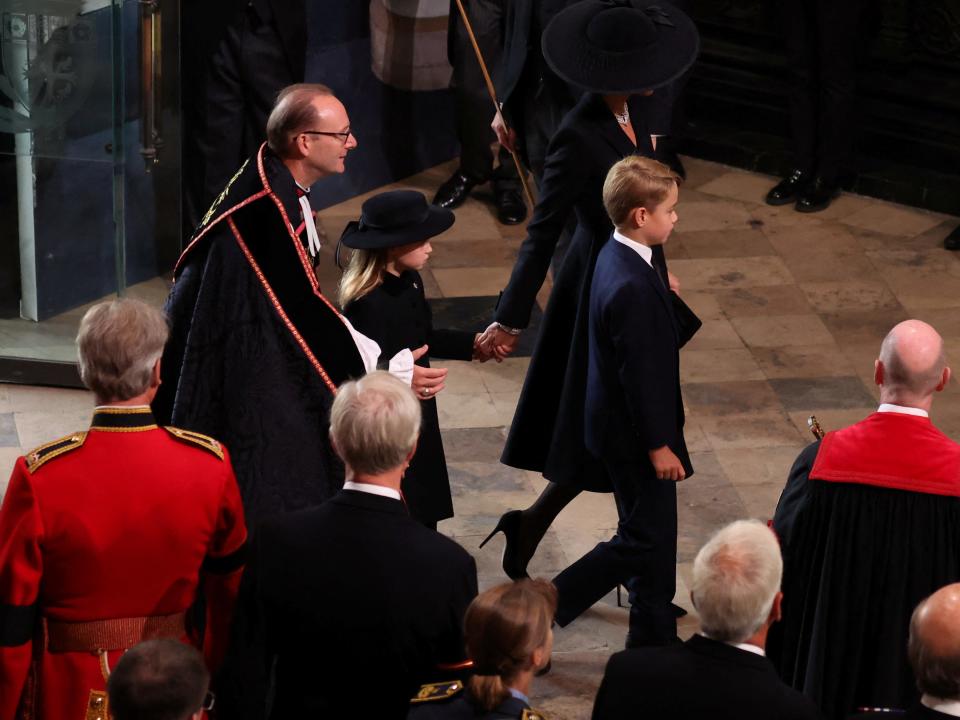 Prince George, 9, and Princess Charlotte, 7, arrived at Westminster Abbey following in the funeral procession behind the Queen’s coffin