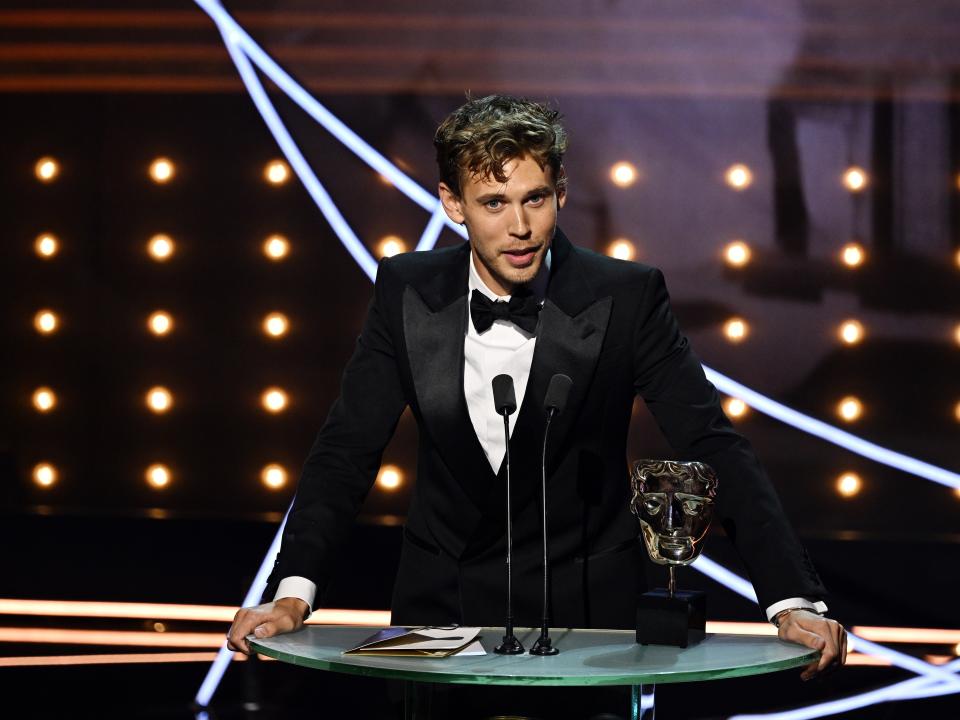 Austin Butler accepts the Leading Actor Award for his performance in 'Elvis' during the 2023 EE BAFTA Film Awards, held at the Royal Festival Hall on February 19, 2023 in London, England.