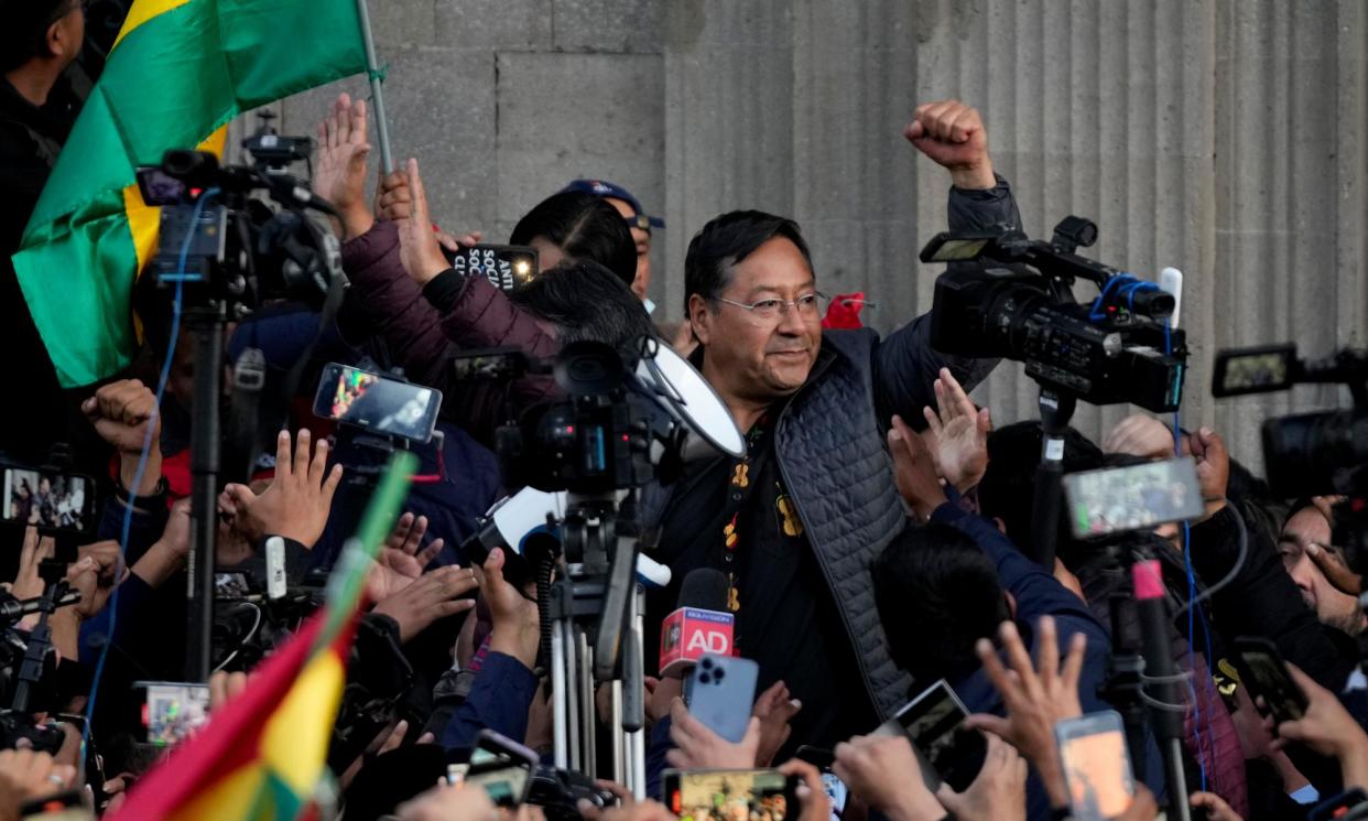 <span>Bolivian president Luis Arce outside the government palace in La Paz after the confrontation.</span><span>Photograph: Juan Karita/AP</span>