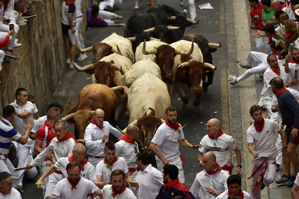 Revellers run next to fighting bulls during the running of the bulls at the San Fermin Festival, in Pamplona, northern Spain, Sunday, July 7, 2019. Revellers from around the world flock to Pamplona every year to take part in the eight days of the running of the bulls. (AP Photo/Alvaro Barrientos)