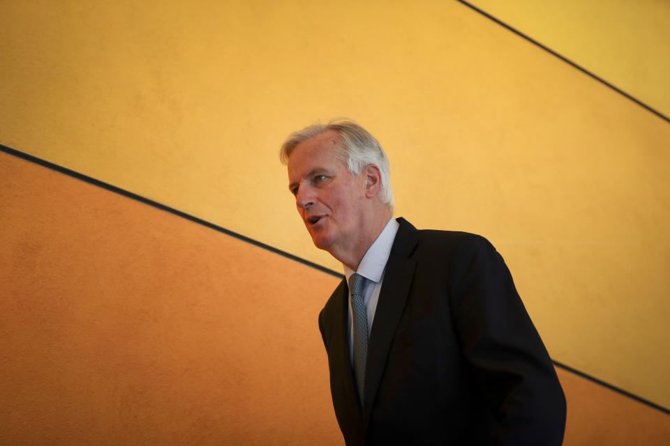 European Union chief Brexit negotiator Michel Barnier arrives for a session at European Parliament in Brussels, Tuesday, April 2, 2019. EU chief negotiator Michel Barnier said on Tuesday that a no-deal exit of Britain becomes day after day more likely after the UK parliament again rejected alternatives to the government's unpopular European Union divorce deal. (AP Photo/Francisco Seco)