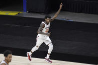 Virginia Tech's Tyrece Radford reacts after making a 3-point basket in the first half of an NCAA college basketball game against South Florida, Sunday, Nov. 29, 2020, in Uncasville, Conn. (AP Photo/Jessica Hill)